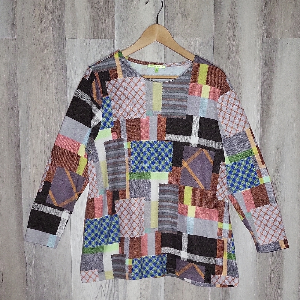 Trisha Tyler Womens XL Patchwork Top Long Sleeve Colorful Abstract Artsy Casual